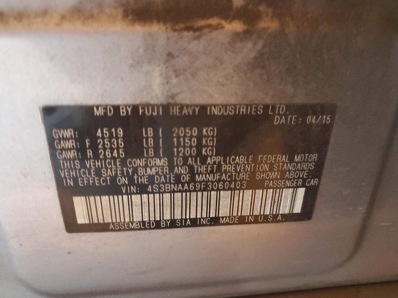 2015 Subaru Legacy 2.5I VIN: 4S3BNAA69F3060403 Lot: 82715825