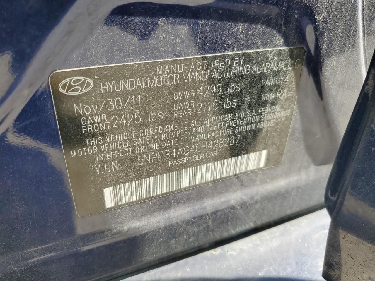 2012 Hyundai Sonata Gls VIN: 5NPEB4AC4CH428287 Lot: 86261995