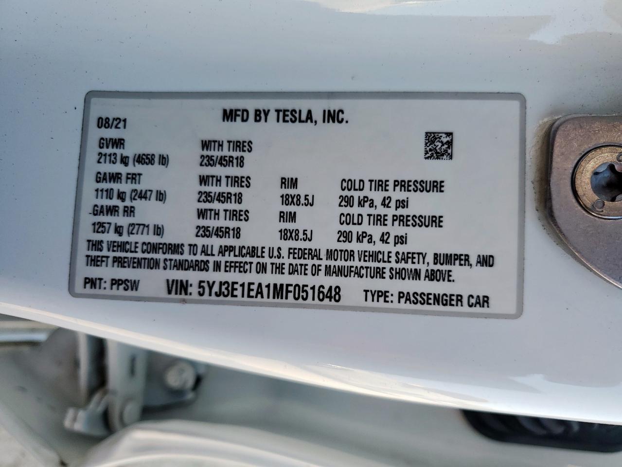 2021 Tesla Model 3 VIN: 5YJ3E1EA1MF051648 Lot: 85202685