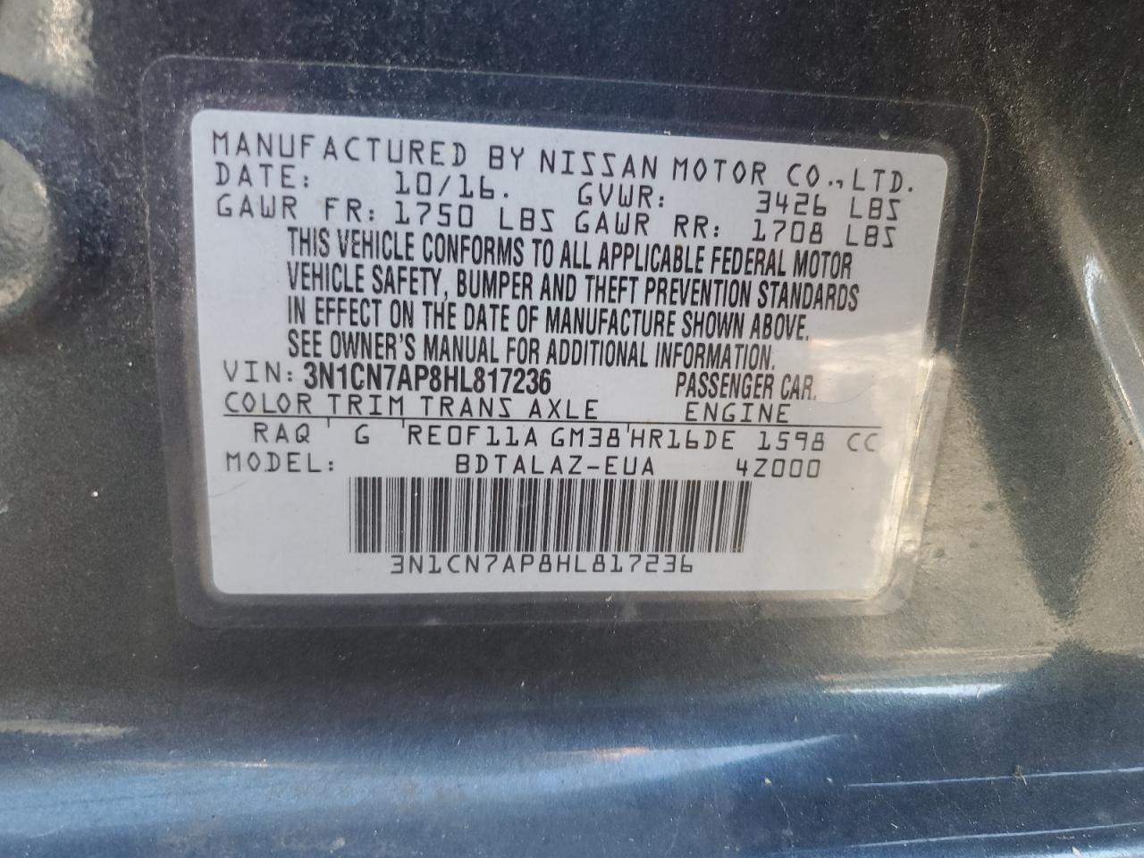 2017 Nissan Versa S VIN: 3N1CN7AP8HL817236 Lot: 82296705