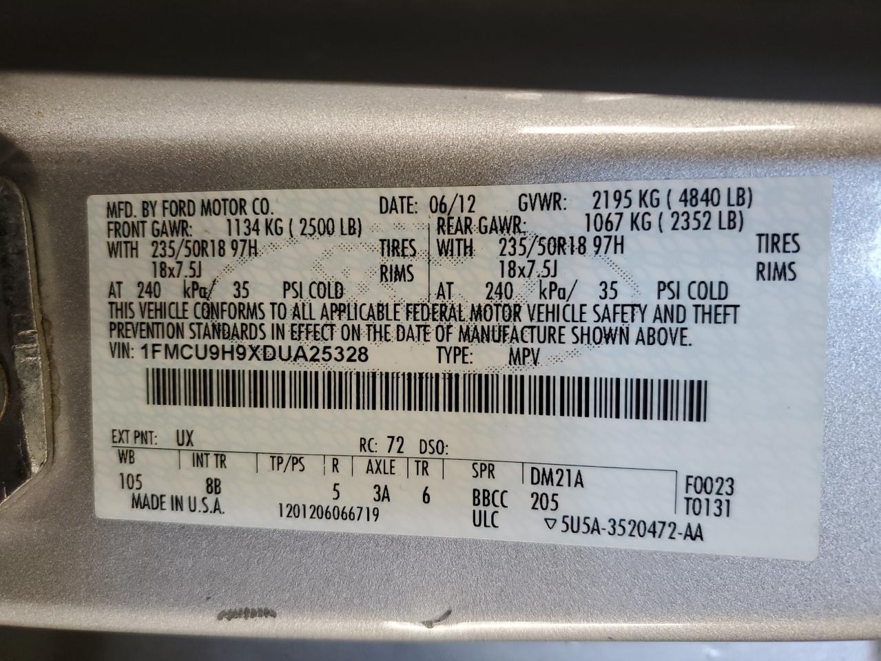 2013 Ford Escape Sel VIN: 1FMCU9H9XDUA25328 Lot: 90667755