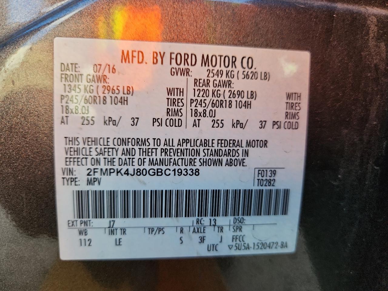 2016 Ford Edge Sel VIN: 2FMPK4J80GBC19338 Lot: 84612655