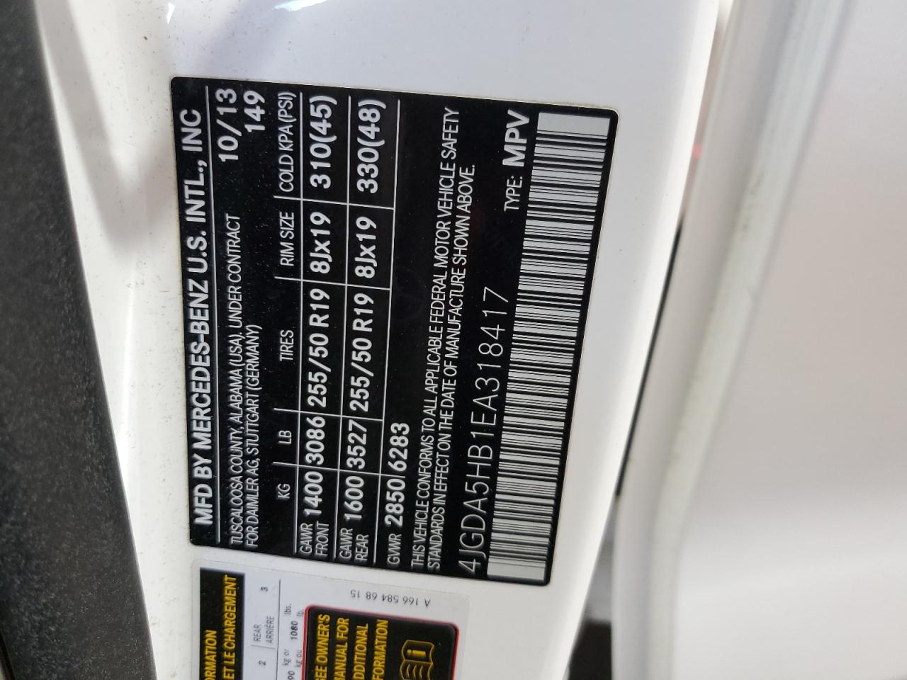 2014 Mercedes-Benz Ml 350 4Matic VIN: 4JGDA5HB1EA318417 Lot: 85762475