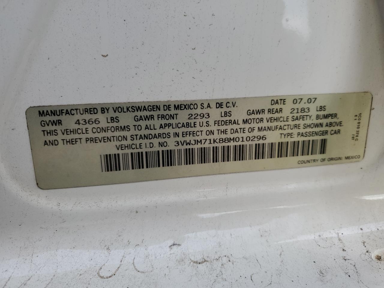 2008 Volkswagen Jetta S VIN: 3VWJM71K88M010296 Lot: 82345115