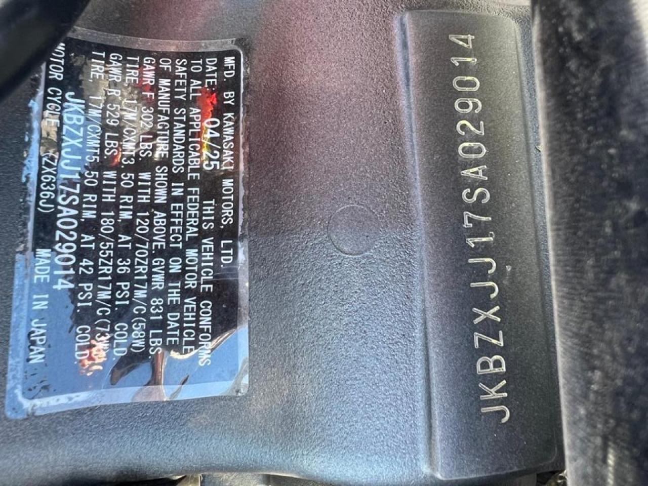 2025 Kawasaki Zx636 K VIN: JKBZXJJ17SA029014 Lot: 71892415