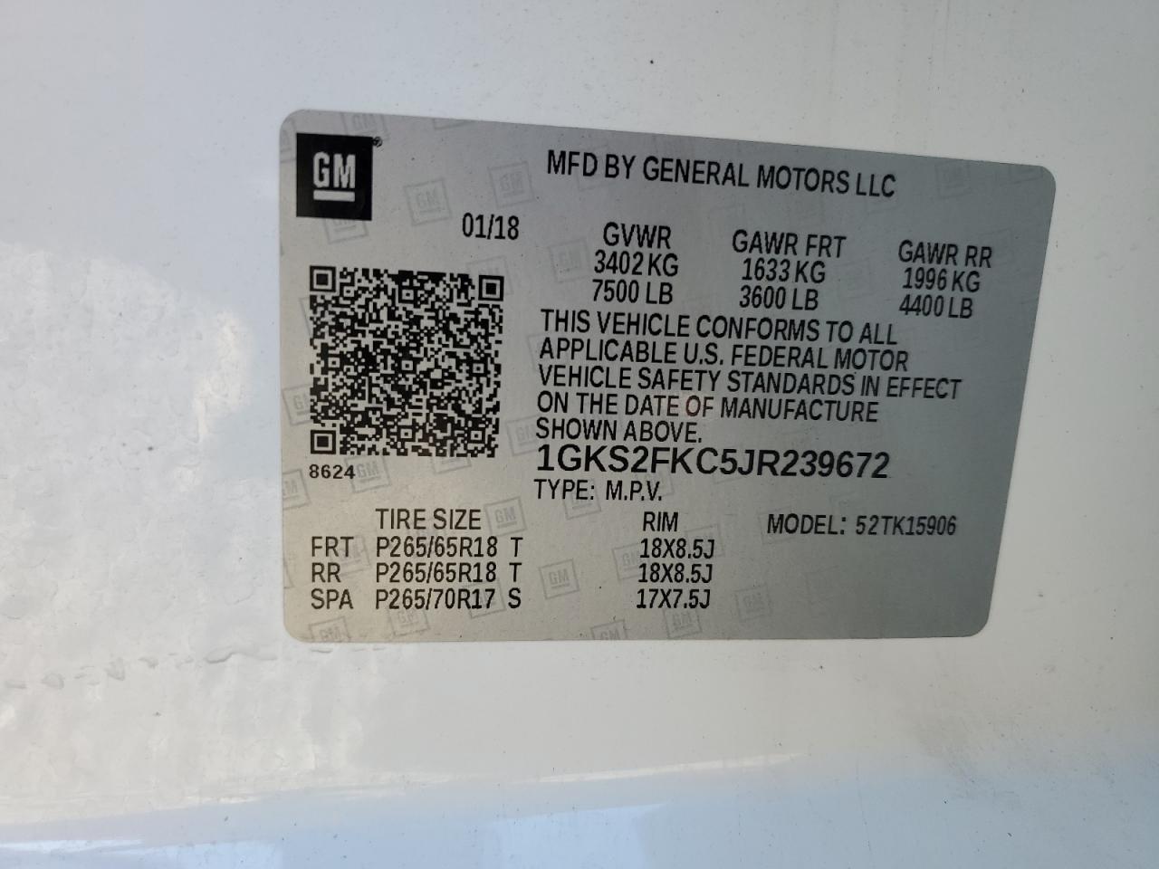 2018 GMC Yukon Xl K1500 Sle VIN: 1GKS2FKC5JR239672 Lot: 86179445