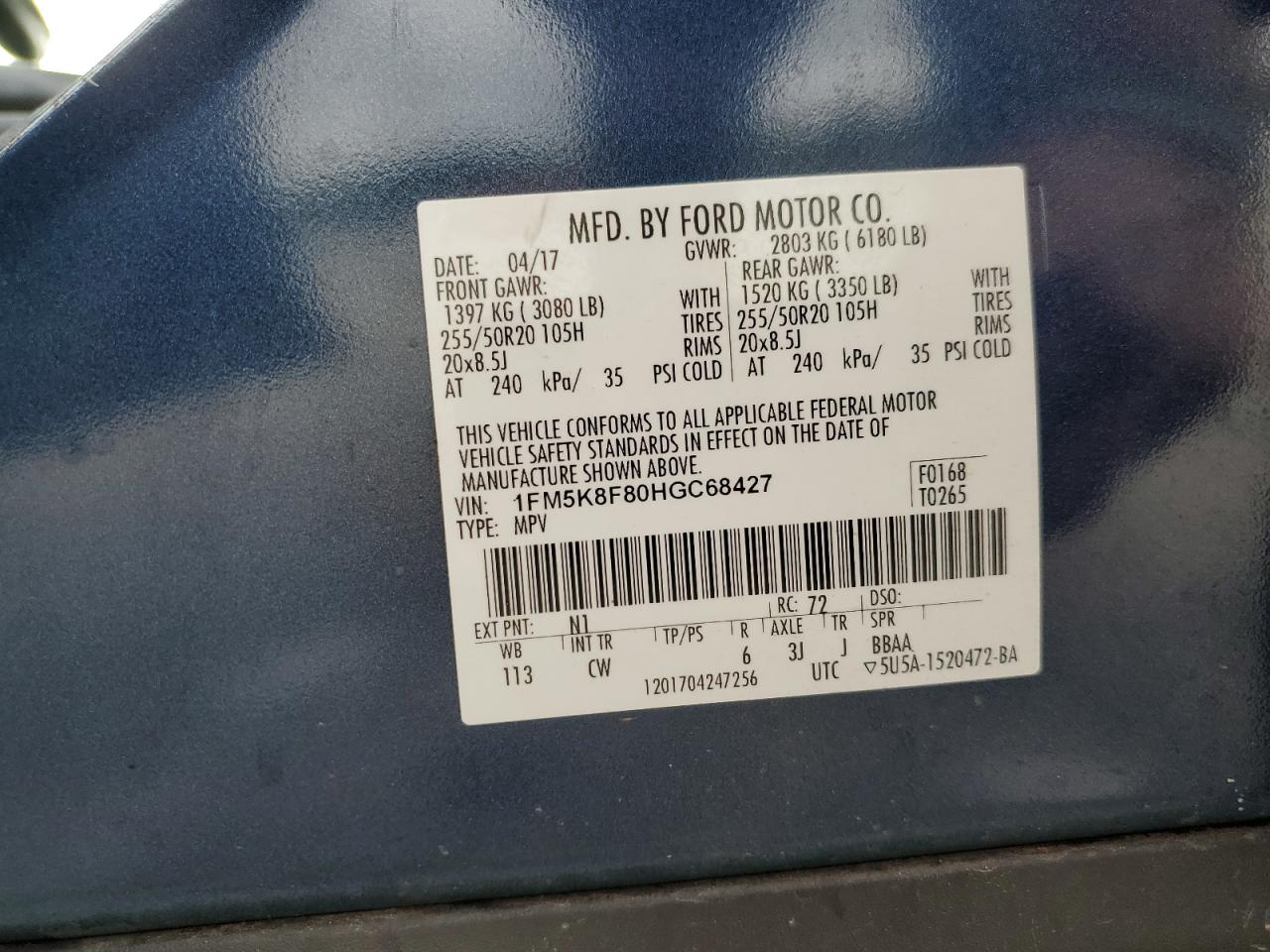 2017 Ford Explorer Limited VIN: 1FM5K8F80HGC68427 Lot: 85361795