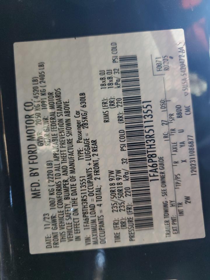 2024 Ford Mustang VIN: 1FA6P8TH3R5113551 Lot: 85170675