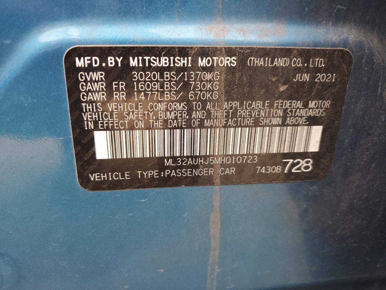 2021 Mitsubishi Mirage Es VIN: ML32AUHJ5MH010723 Lot: 86268335