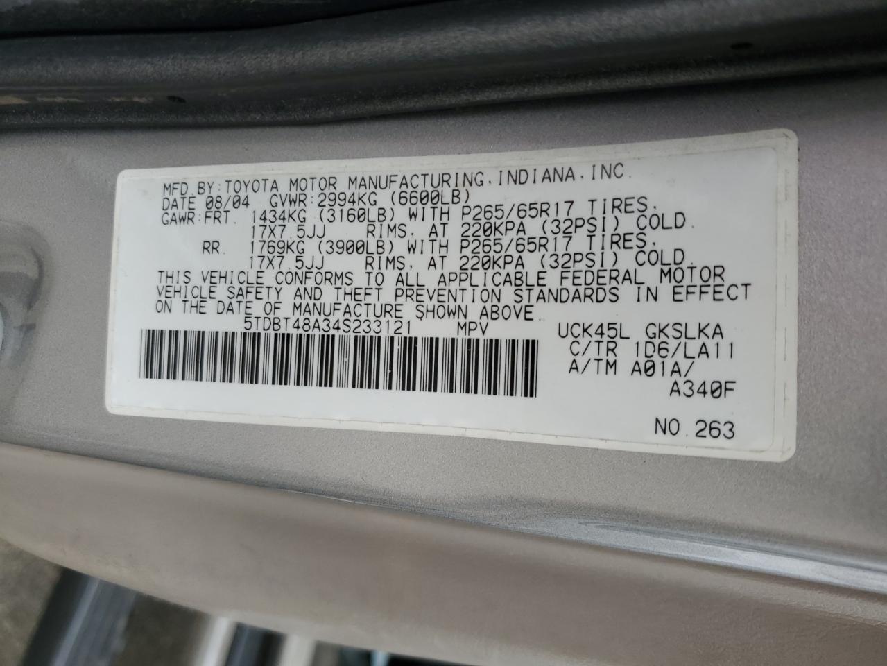 2004 Toyota Sequoia Limited VIN: 5TDBT48A34S233121 Lot: 89572875