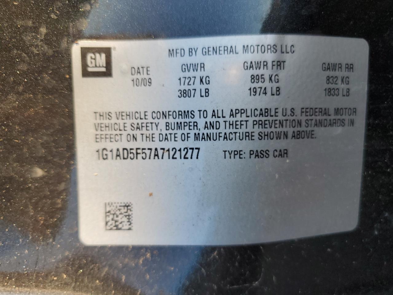 2010 Chevrolet Cobalt 1Lt VIN: 1G1AD5F57A7121277 Lot: 90599095