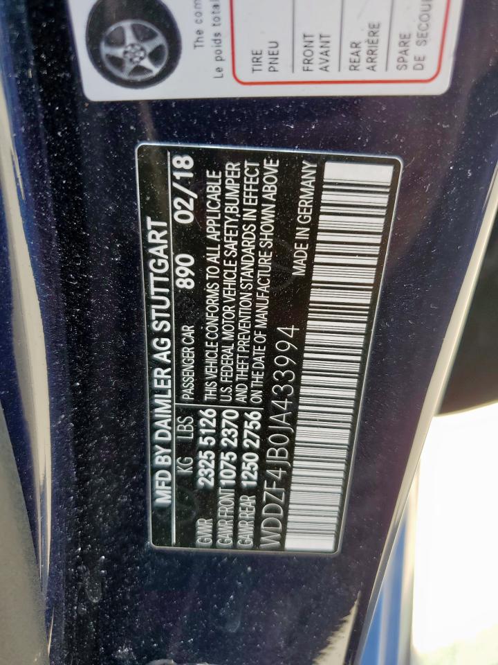 2018 Mercedes-Benz E 300 VIN: WDDZF4JB0JA433994 Lot: 84285125