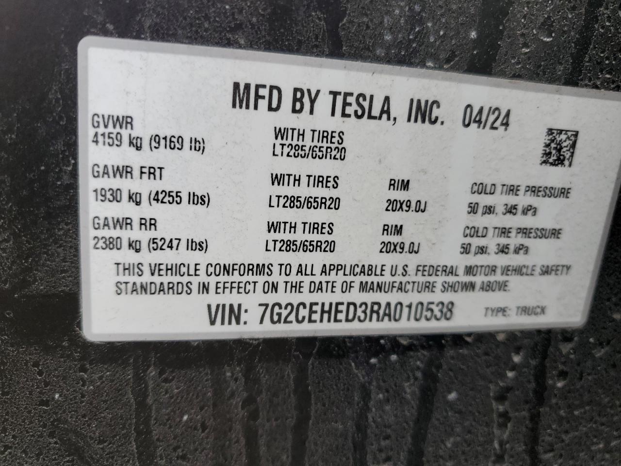2024 Tesla Cybertruck VIN: 7G2CEHED3RA010538 Lot: 86147905