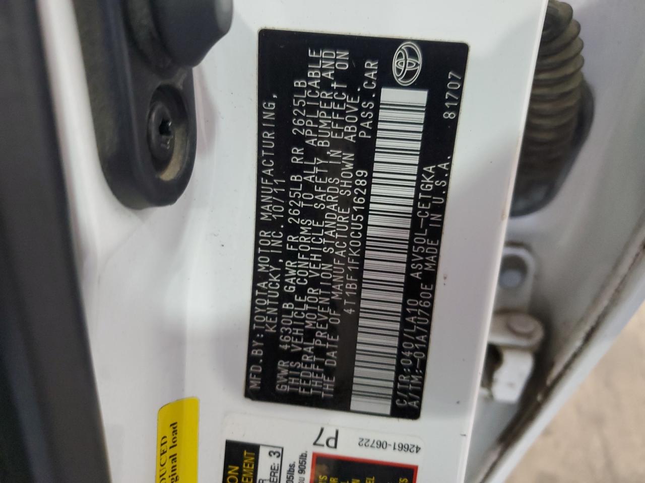 2012 Toyota Camry Base VIN: 4T1BF1FK0CU516289 Lot: 82441245