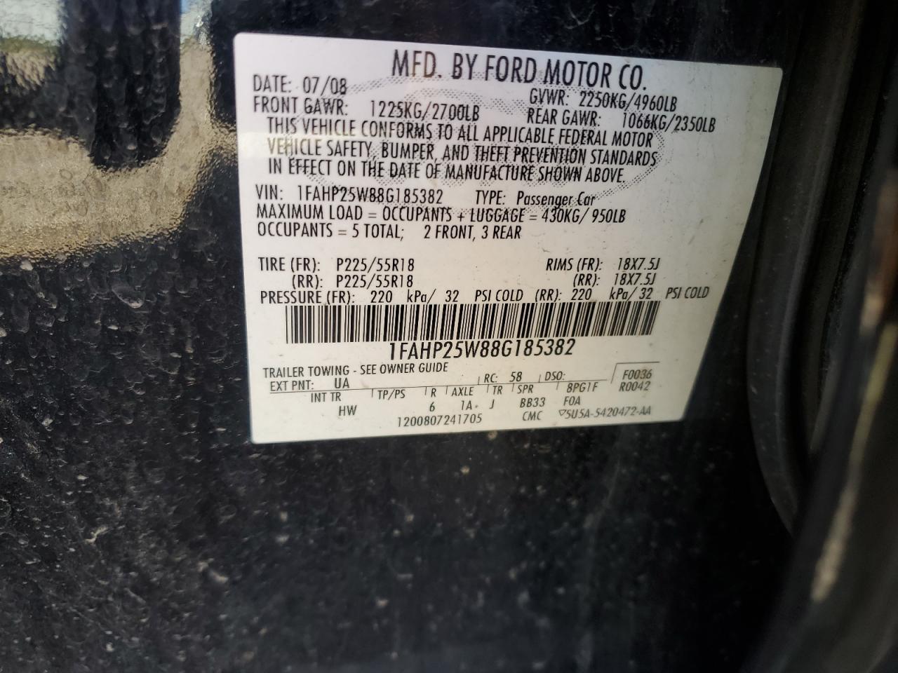 2008 Ford Taurus Limited VIN: 1FAHP25W88G185382 Lot: 85691405