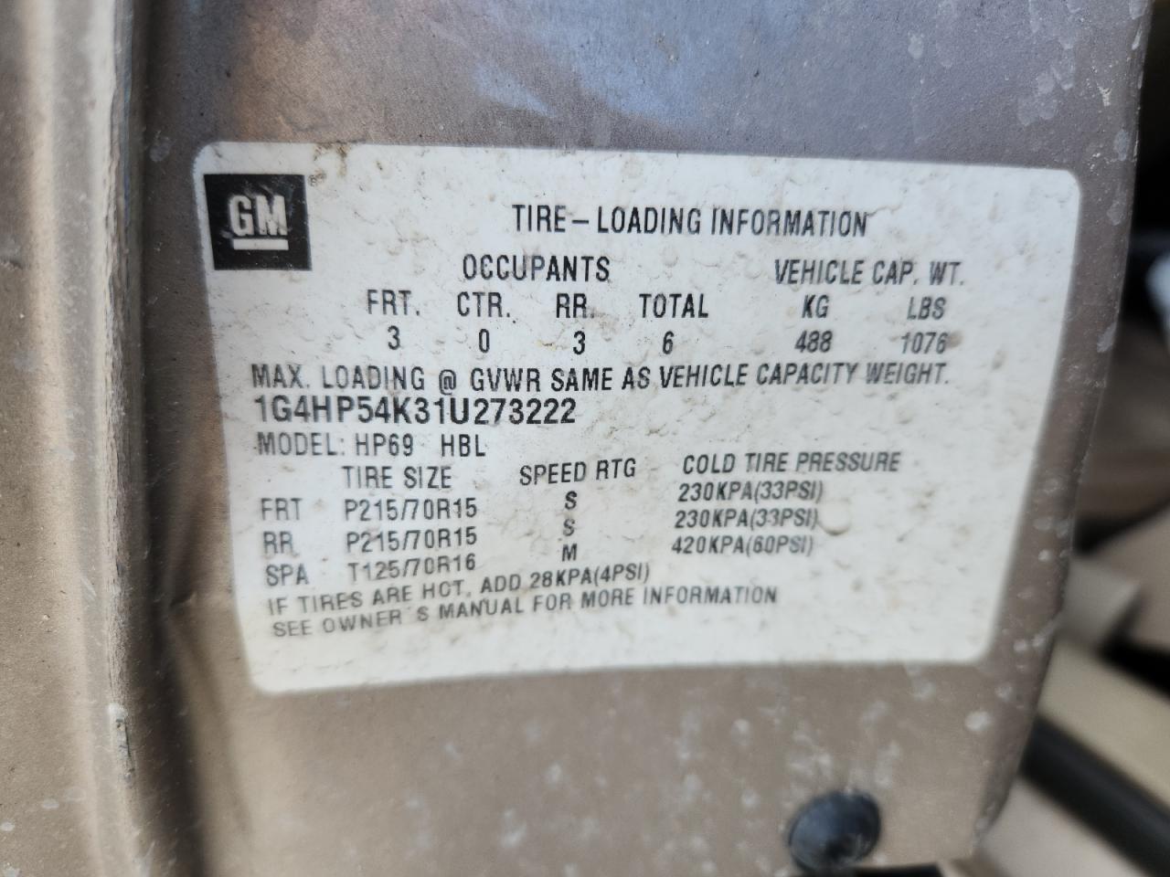 2001 Buick Lesabre Custom VIN: 1G4HP54K31U273222 Lot: 84482085