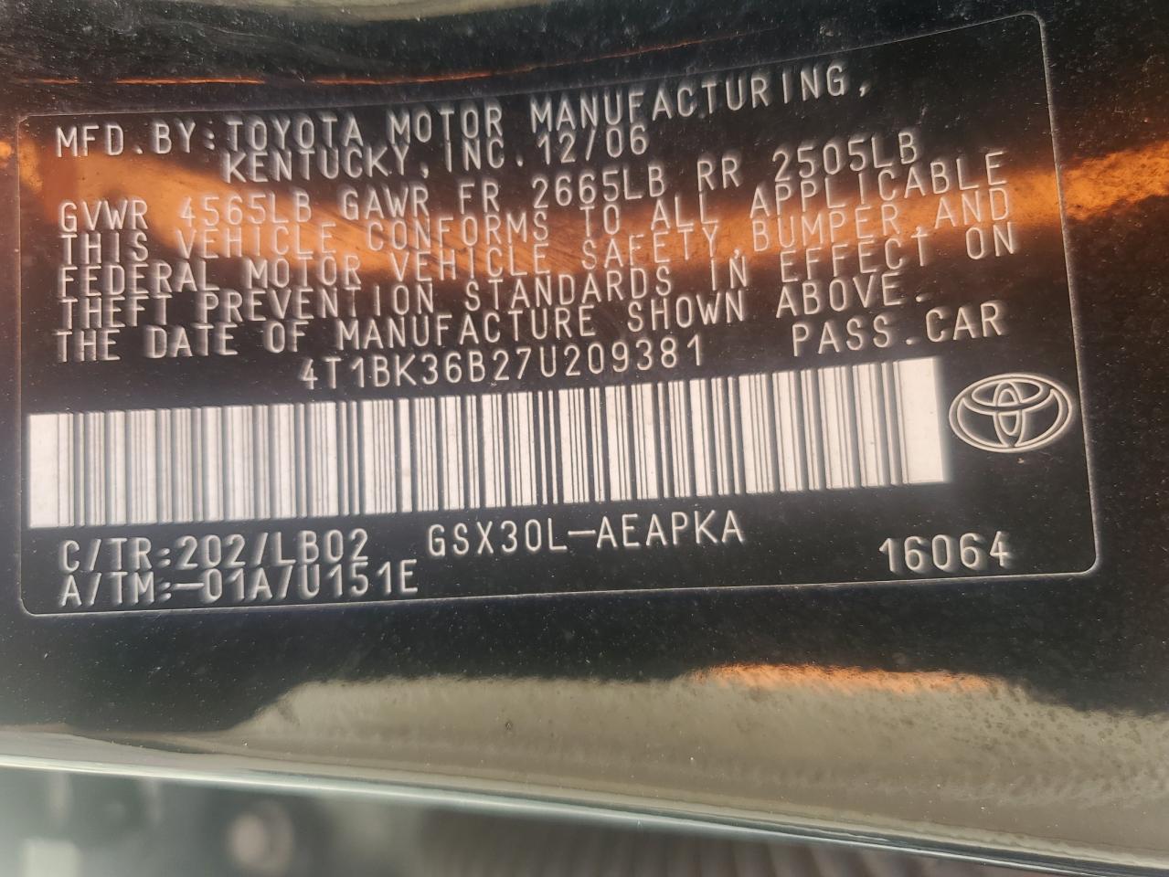 2007 Toyota Avalon Xl VIN: 4T1BK36B27U209381 Lot: 82190835