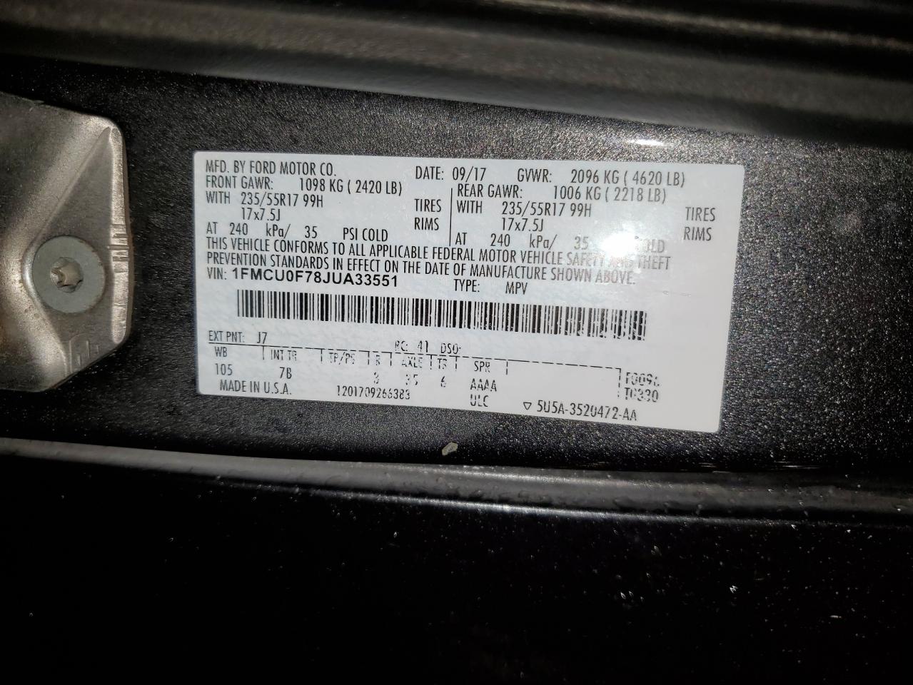 2018 Ford Escape S VIN: 1FMCU0F78JUA33551 Lot: 91027275