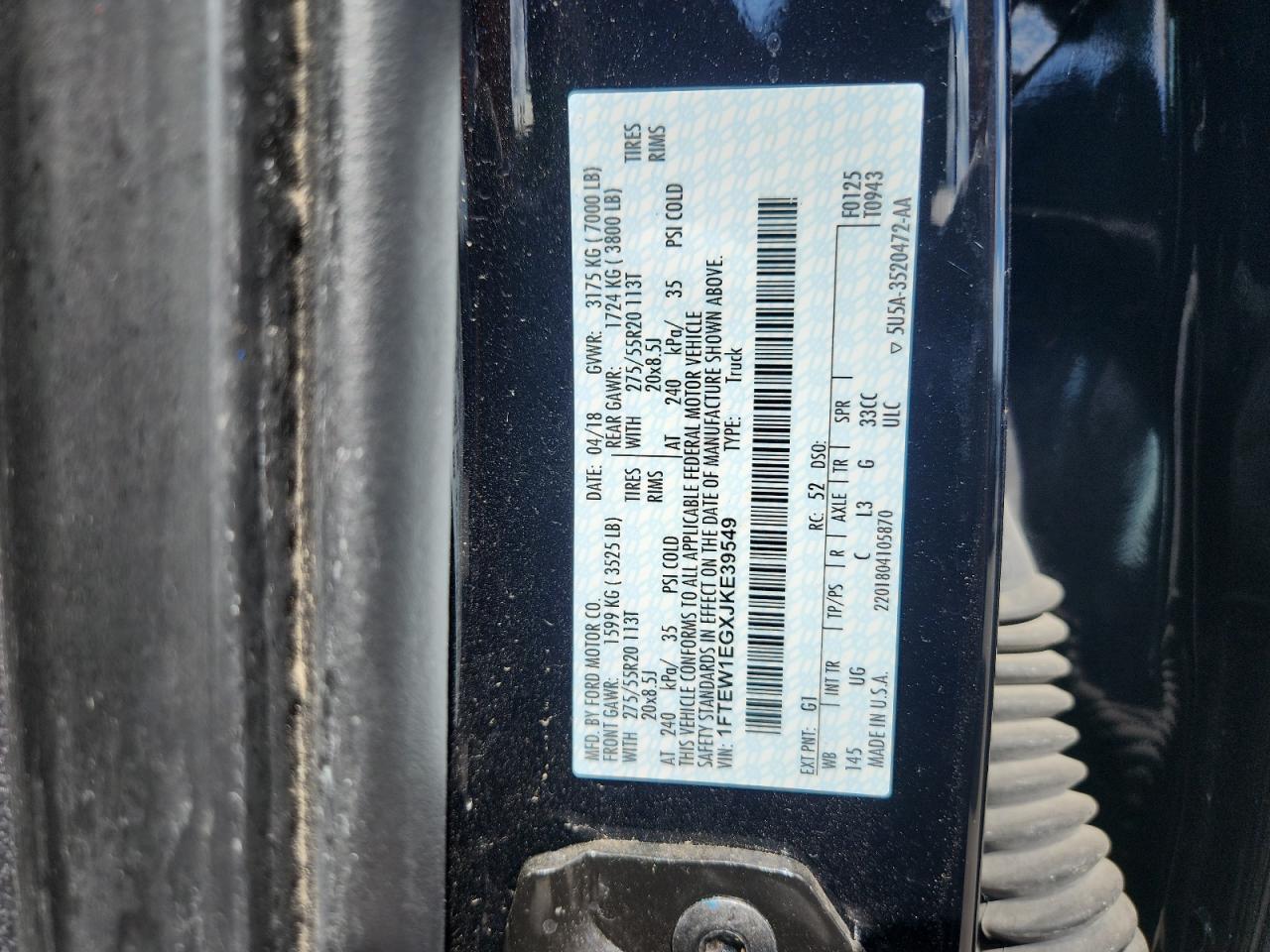 2018 Ford F150 Supercrew VIN: 1FTEW1EGXJKE39549 Lot: 85100815