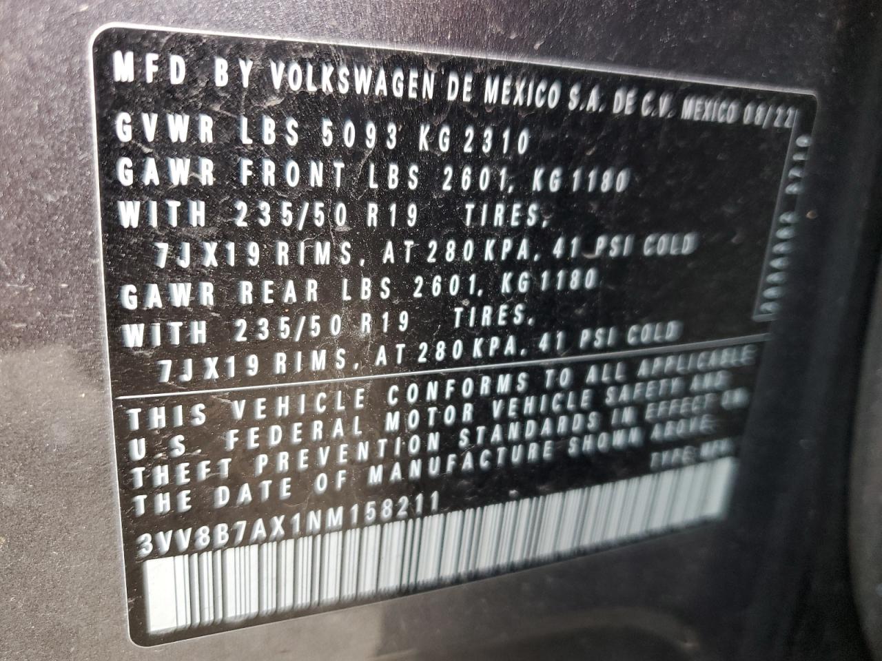 2022 Volkswagen Tiguan Se R-Line Black VIN: 3VV8B7AX1NM158211 Lot: 86168745