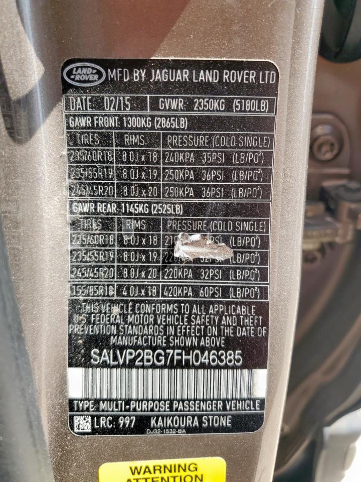 2015 Land Rover Range Rover Evoque Pure Plus VIN: SALVP2BG7FH046385 Lot: 85652925