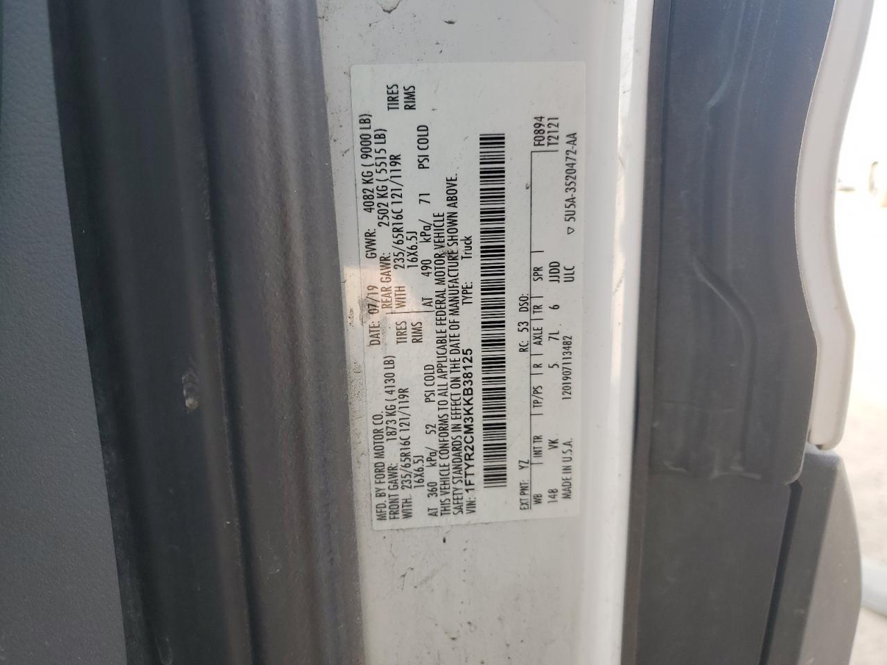 2019 Ford Transit T-250 VIN: 1FTYR2CM3KKB38125 Lot: 84364465