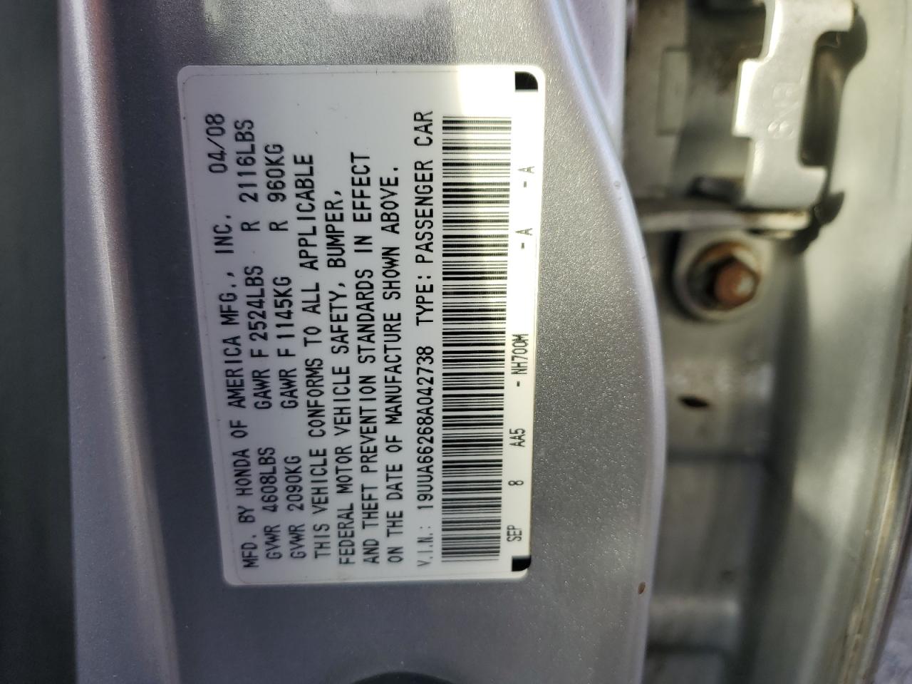 2008 Acura Tl VIN: 19UUA66268A042738 Lot: 86896495