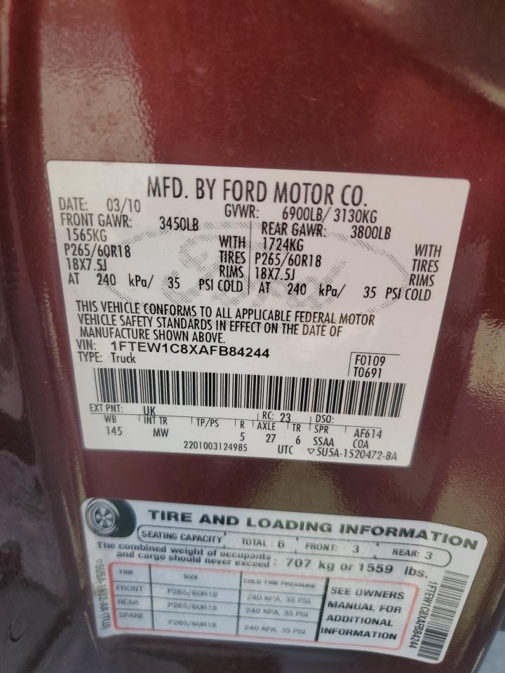 2010 Ford F150 Supercrew VIN: 1FTEW1C8XAFB84244 Lot: 90024525