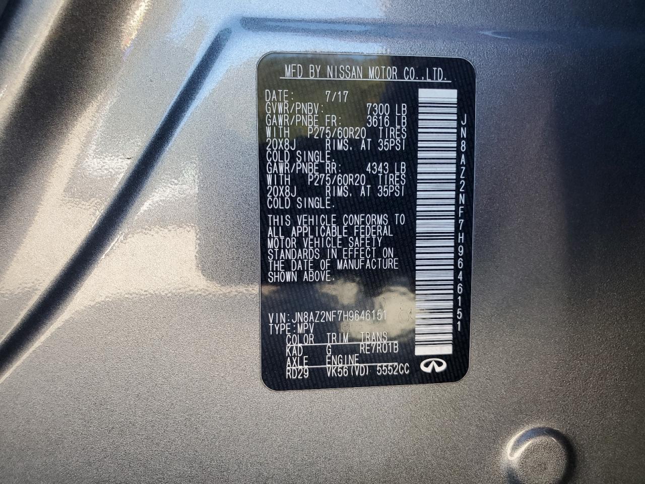 2017 Infiniti Qx80 Base VIN: JN8AZ2NF7H9646151 Lot: 86217805