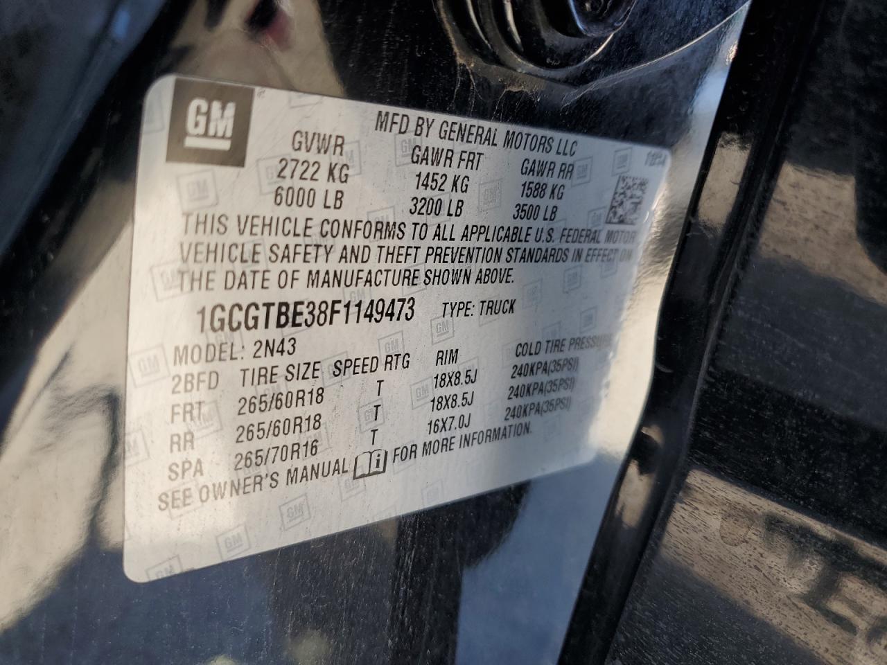 2015 Chevrolet Colorado Lt VIN: 1GCGTBE38F1149473 Lot: 85532585