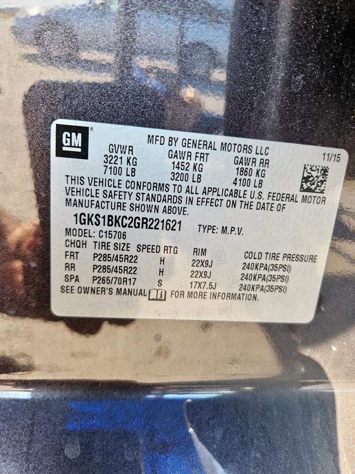 2016 GMC Yukon Slt VIN: 1GKS1BKC2GR221621 Lot: 85078825