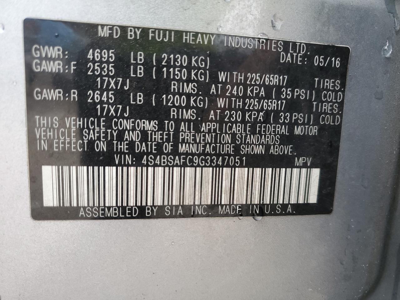 2016 Subaru Outback 2.5I Premium VIN: 4S4BSAFC9G3347051 Lot: 85589965