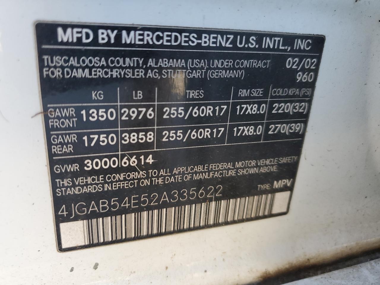 2002 Mercedes-Benz Ml 320 VIN: 4JGAB54E52A335622 Lot: 90603615