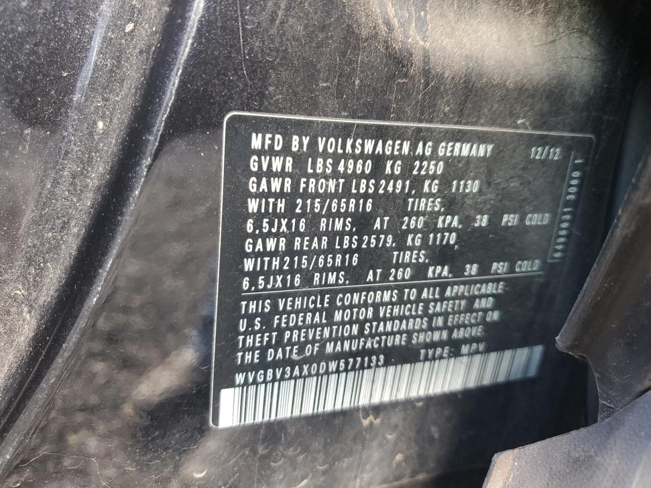 2013 Volkswagen Tiguan S VIN: WVGBV3AX0DW577133 Lot: 89446735