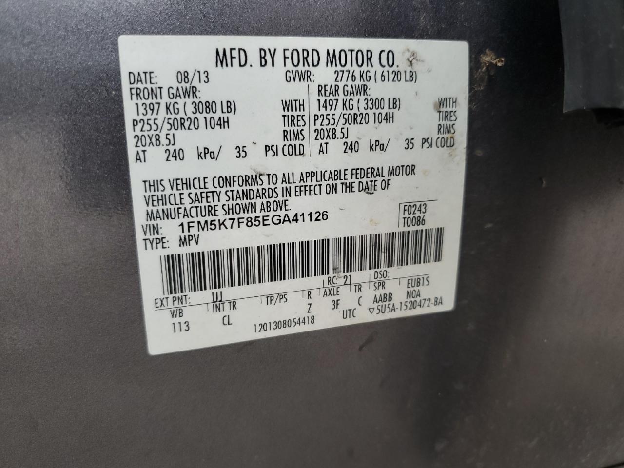 2014 Ford Explorer Limited VIN: 1FM5K7F85EGA41126 Lot: 85747855