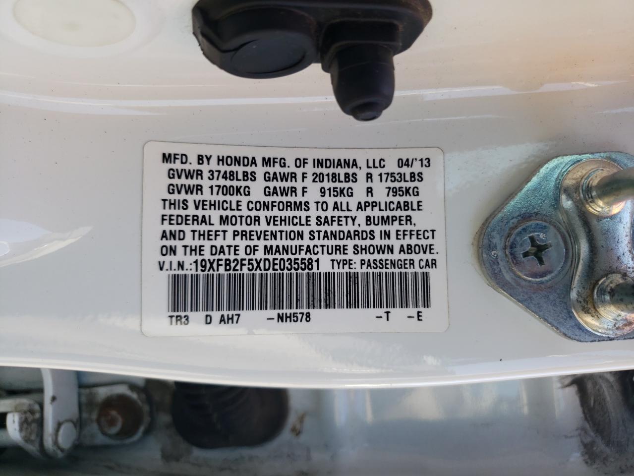 2013 Honda Civic Lx VIN: 19XFB2F5XDE035581 Lot: 85184305