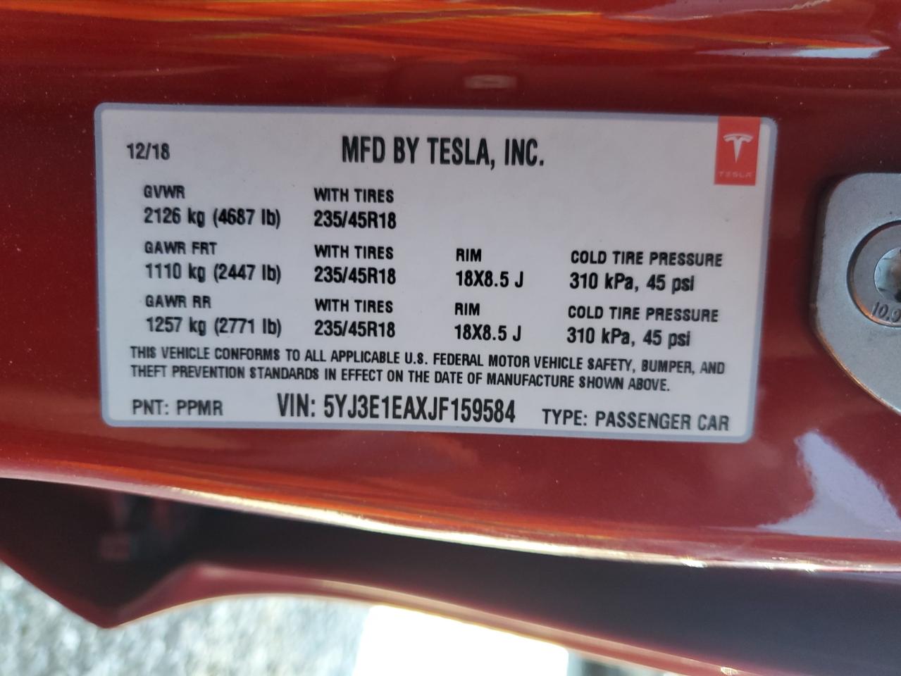 2018 Tesla Model 3 VIN: 5YJ3E1EAXJF159584 Lot: 87438295