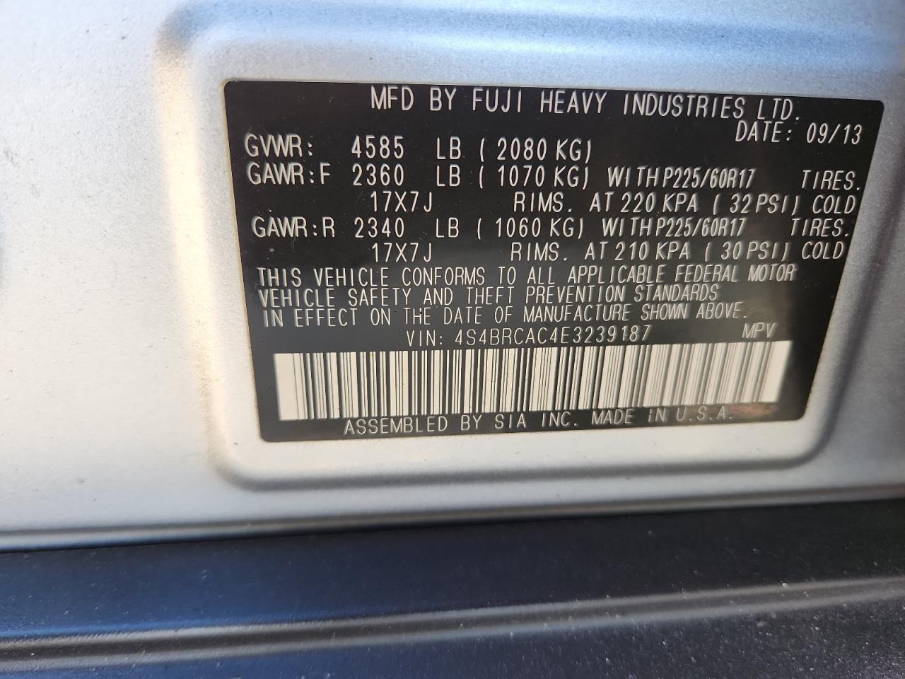 2014 Subaru Outback 2.5I VIN: 4S4BRCAC4E3239187 Lot: 87307535