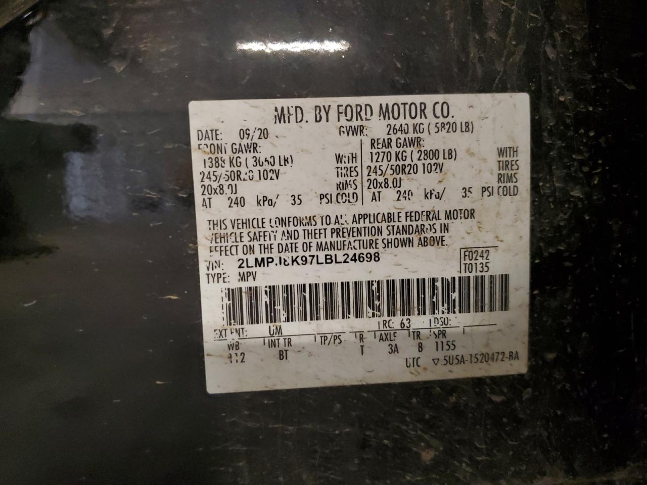 2020 Lincoln Nautilus Reserve VIN: 2LMPJ8K97LBL24698 Lot: 82556925