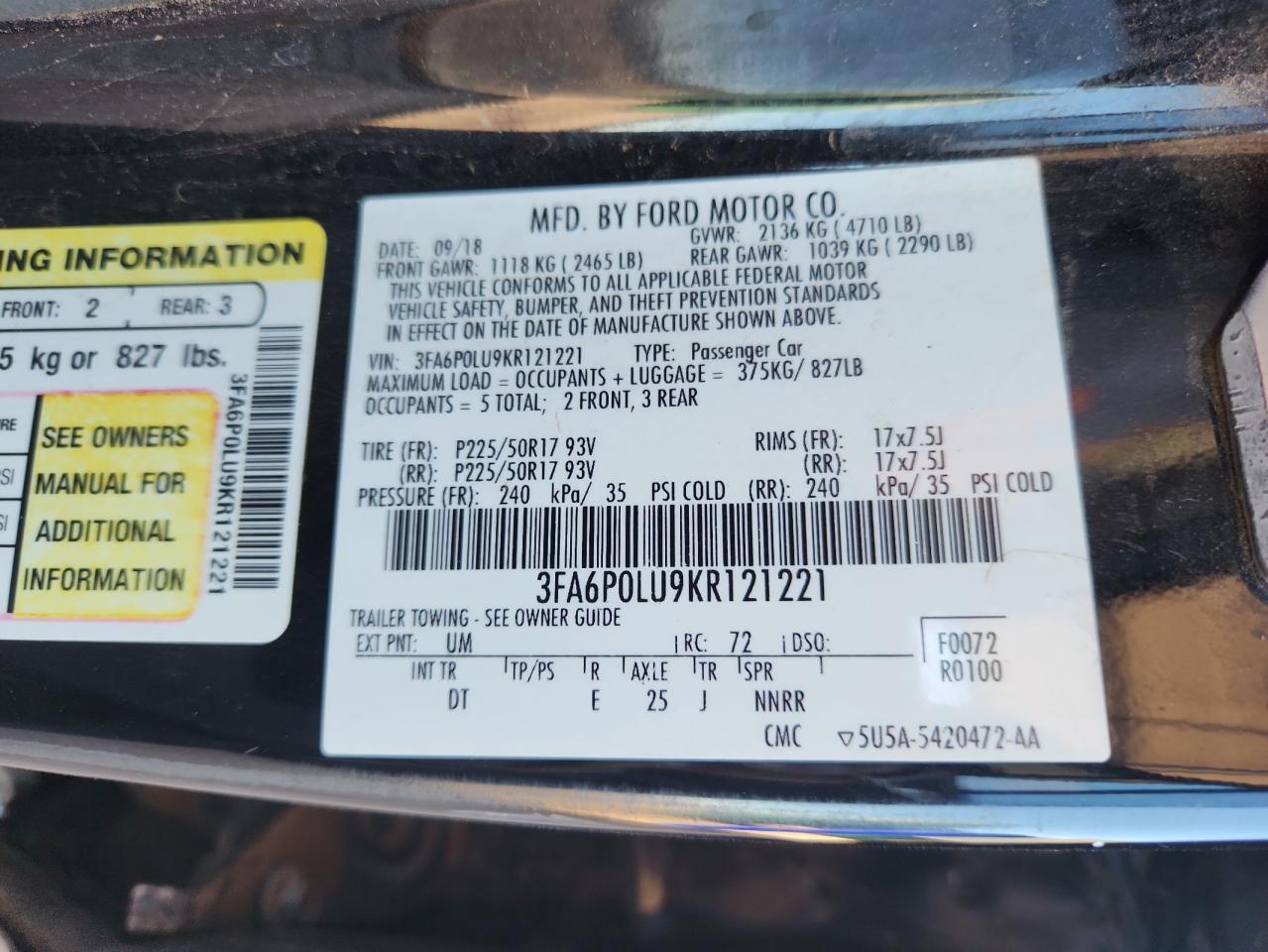 2019 Ford Fusion Se VIN: 3FA6P0LU9KR121221 Lot: 90302465