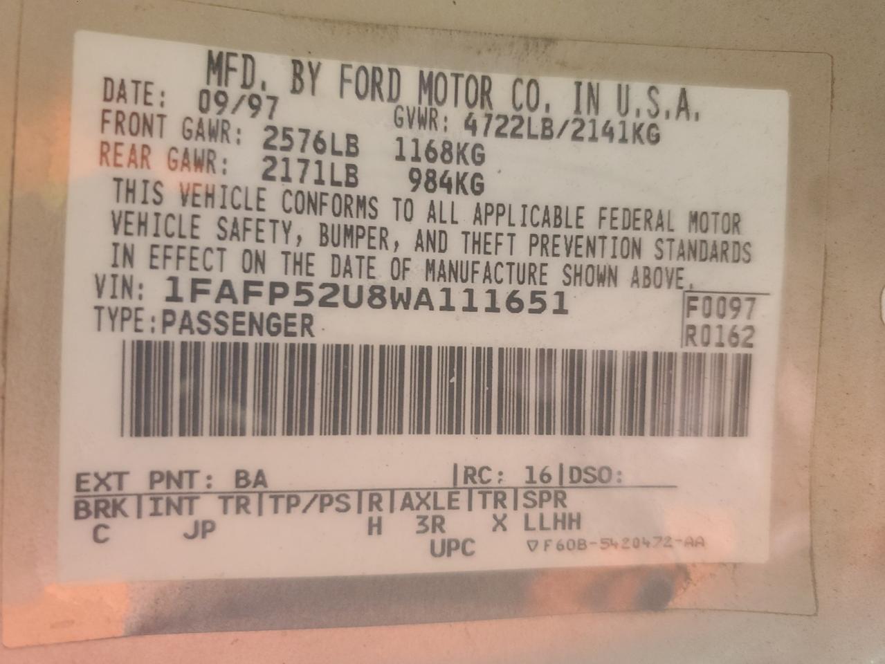 1998 Ford Taurus Lx VIN: 1FAFP52U8WA111651 Lot: 82600355