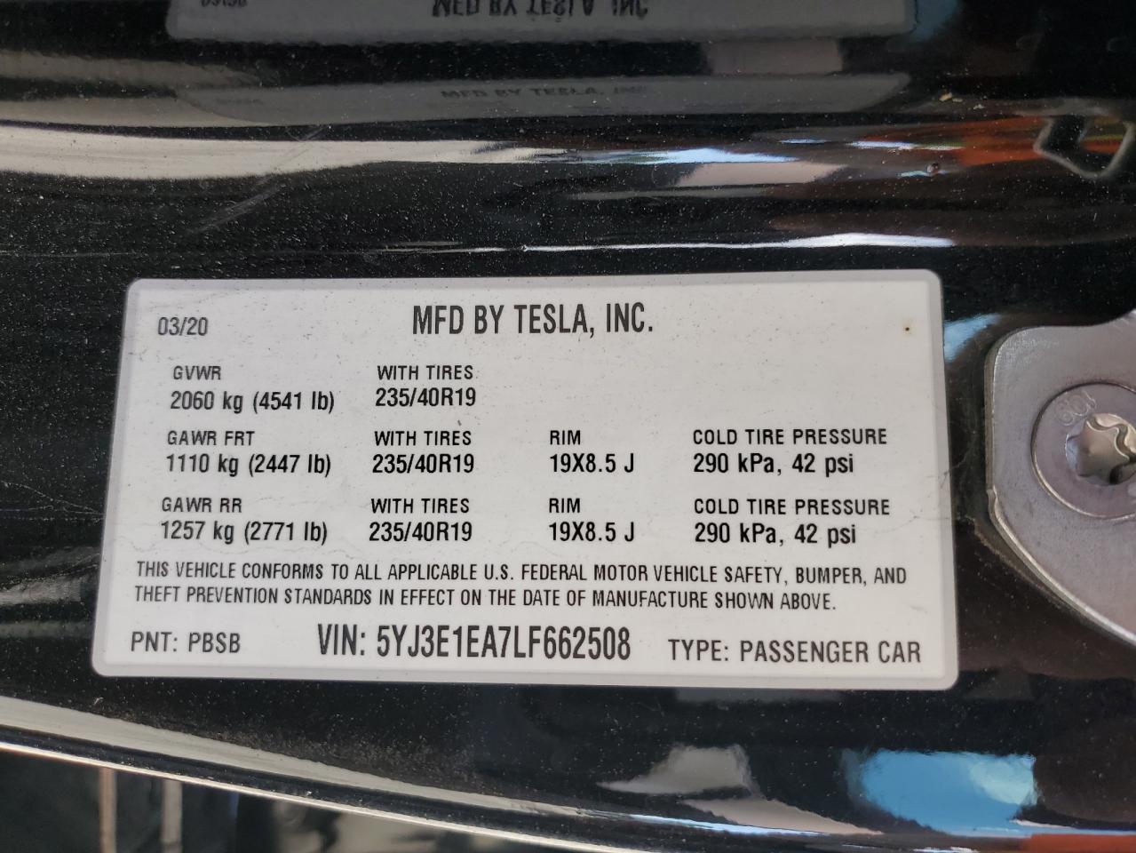 2020 Tesla Model 3 VIN: 5YJ3E1EA7LF662508 Lot: 85361655