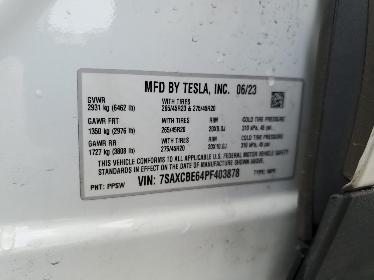 2023 Tesla Model X VIN: 7SAXCBE64PF403878 Lot: 87399775