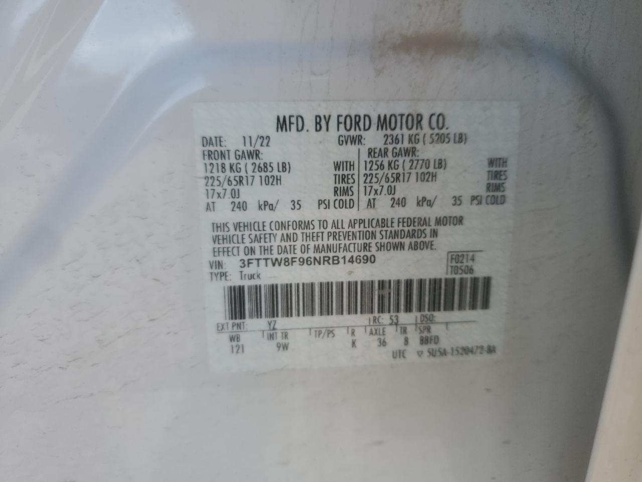 2022 Ford Maverick Xl VIN: 3FTTW8F96NRB14690 Lot: 84878025