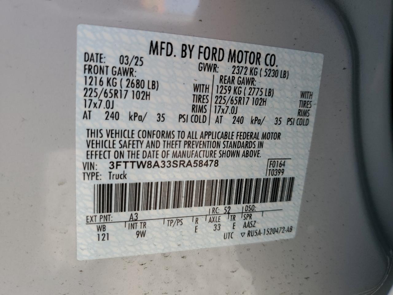 2025 Ford Maverick Xl VIN: 3FTTW8A33SRA58478 Lot: 82651225