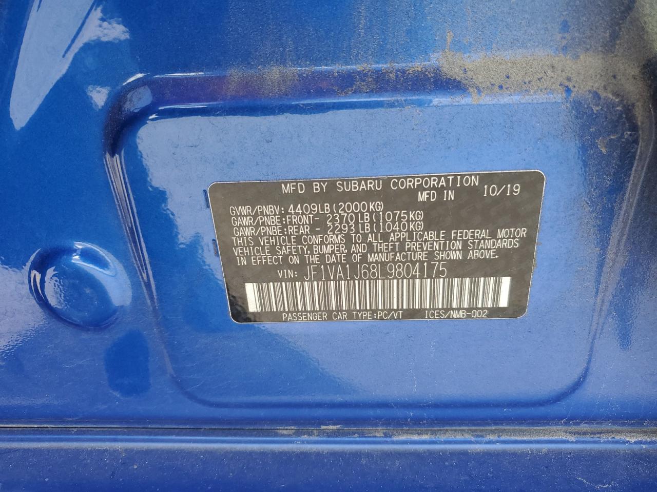 2020 Subaru Wrx Limited VIN: JF1VA1J68L9804175 Lot: 82243105
