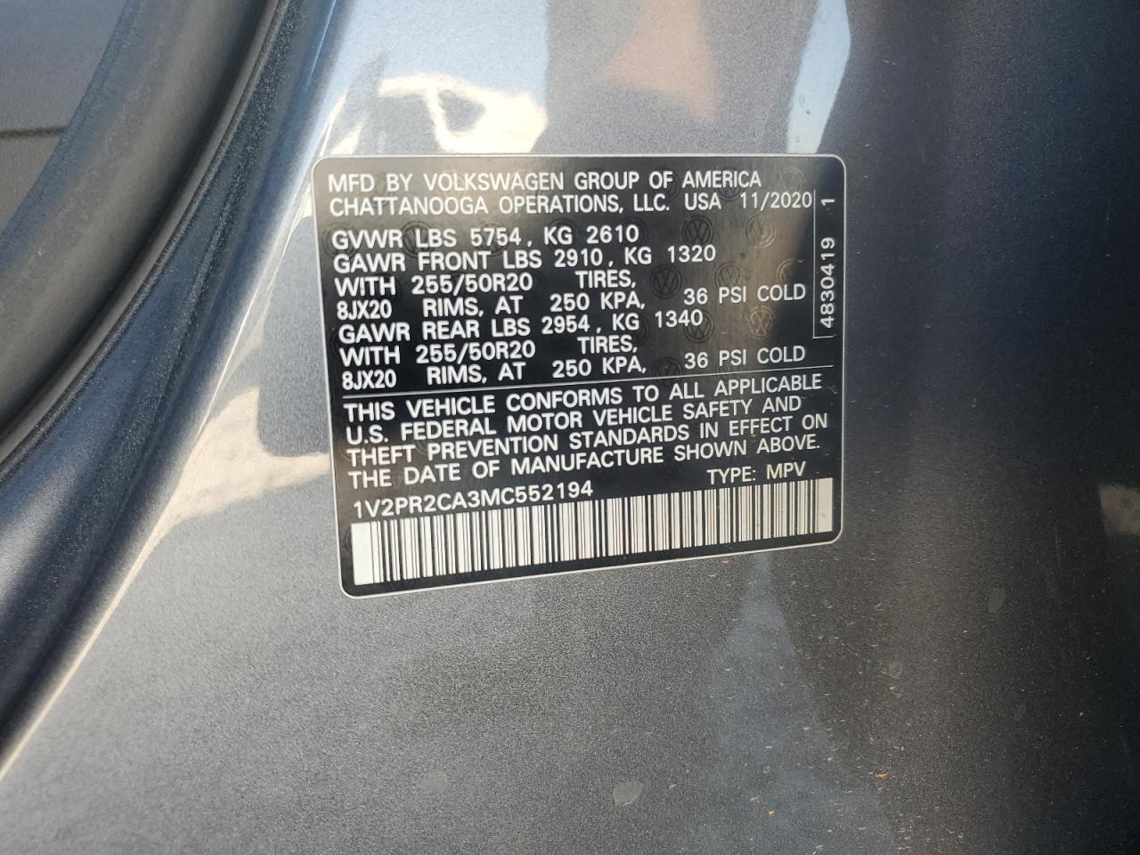 2021 Volkswagen Atlas Se VIN: 1V2PR2CA3MC552194 Lot: 81824385