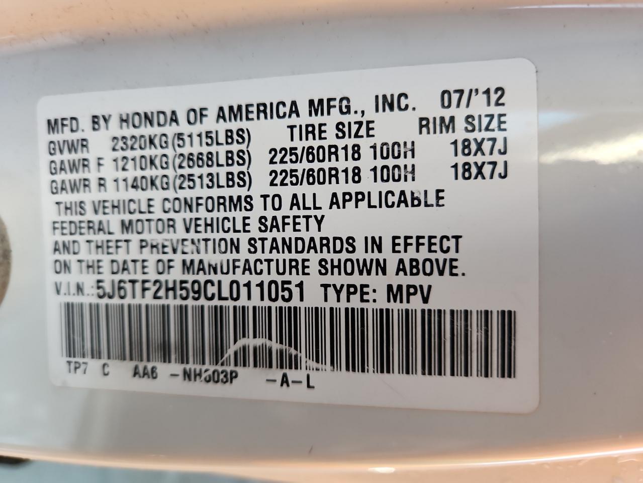 2012 Honda Crosstour Exl VIN: 5J6TF2H59CL011051 Lot: 90696425