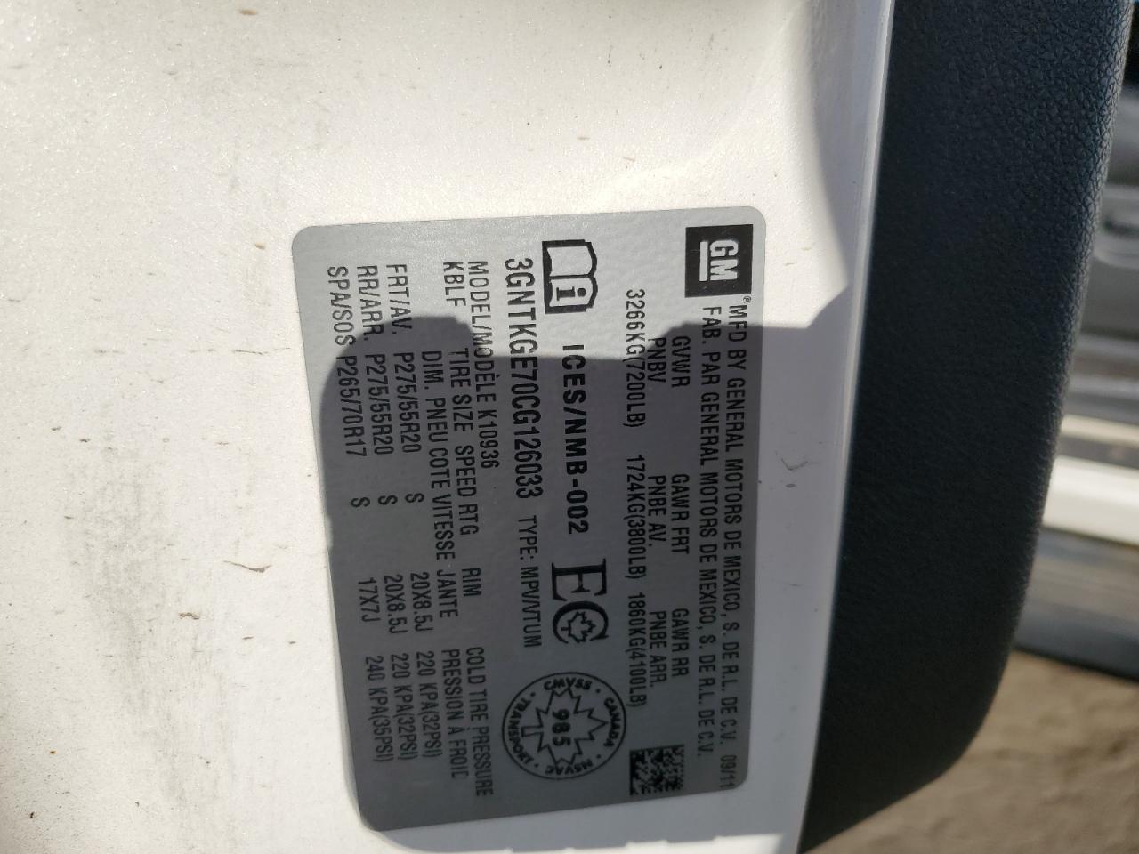 2012 Chevrolet Avalanche Ltz VIN: 3GNTKGE70CG126033 Lot: 85188595