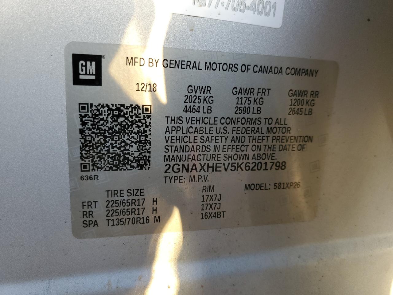 2019 Chevrolet Equinox Ls VIN: 2GNAXHEV5K6201798 Lot: 71724095